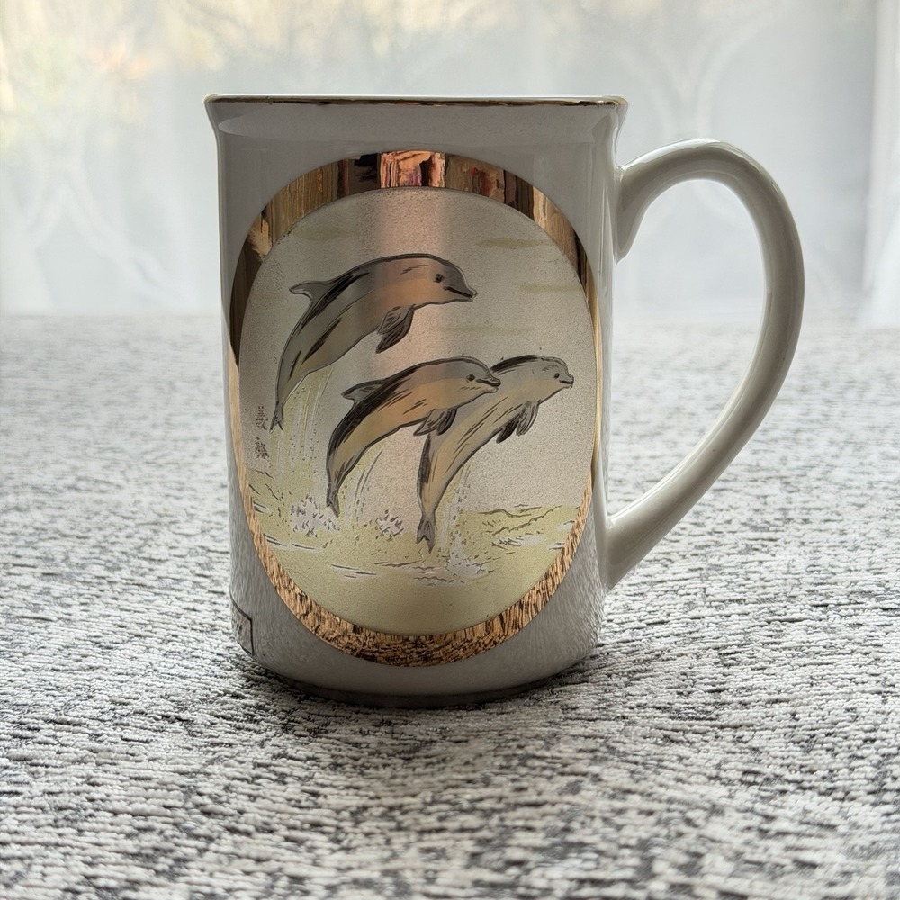 Dynasty Chokin Rare Vintage Dolphin Coffee Mug Japanese Art Copper Goldโ Trim